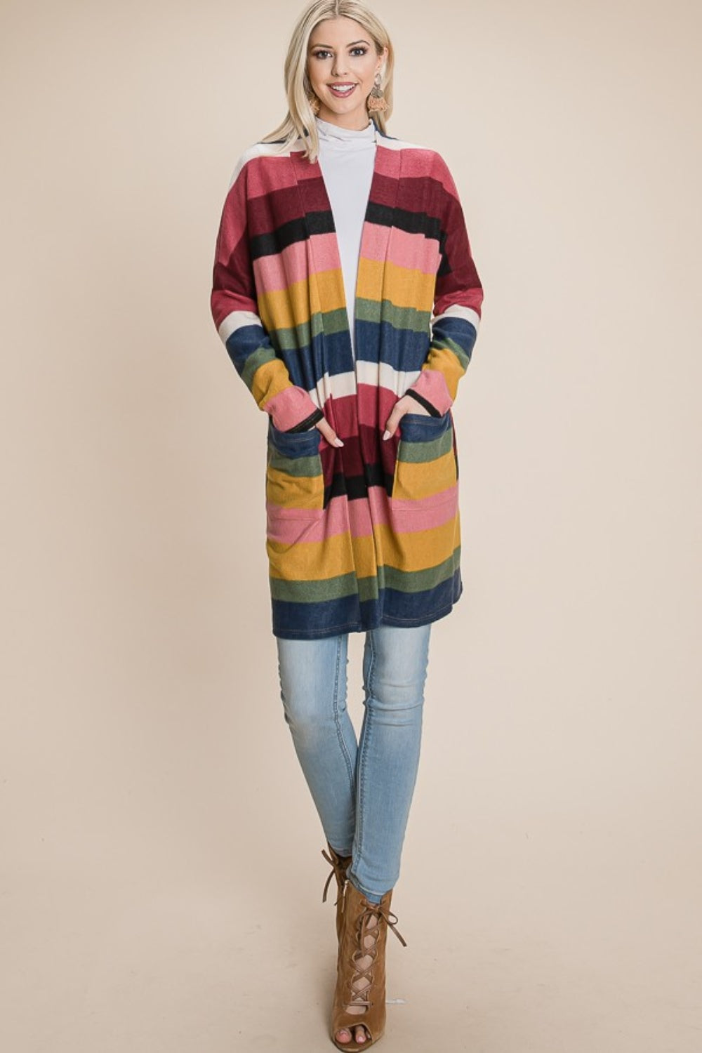 BOMBOM Cozy and Colorful Color Block Striped Open Front Cardigan