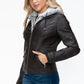 YMI Fuzzy Feels Faux Layered Double-Zipper Jacket with Fuzzy Hood in Chocolate