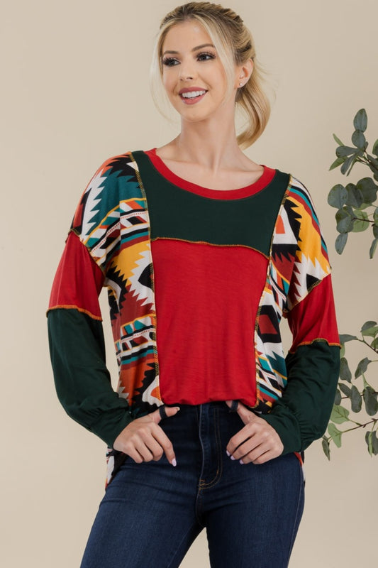 Celeste Simplicity with a Twist Exposed Seam Printed Color Block T-Shirt in Red