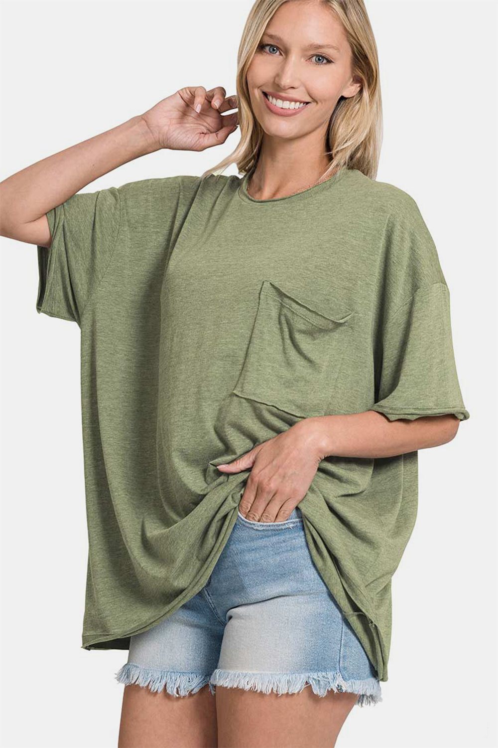 Zenana Cozy And Content Drop Shoulder Oversized Front Pocket T-Shirt