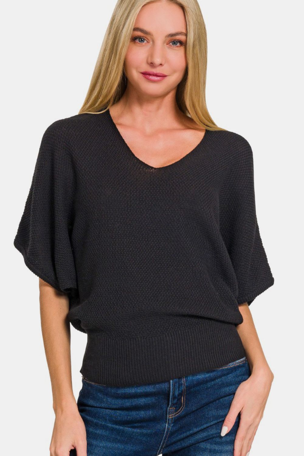 Zenana Make Your Move V-Neck Short Sleeve Dolman Sweater