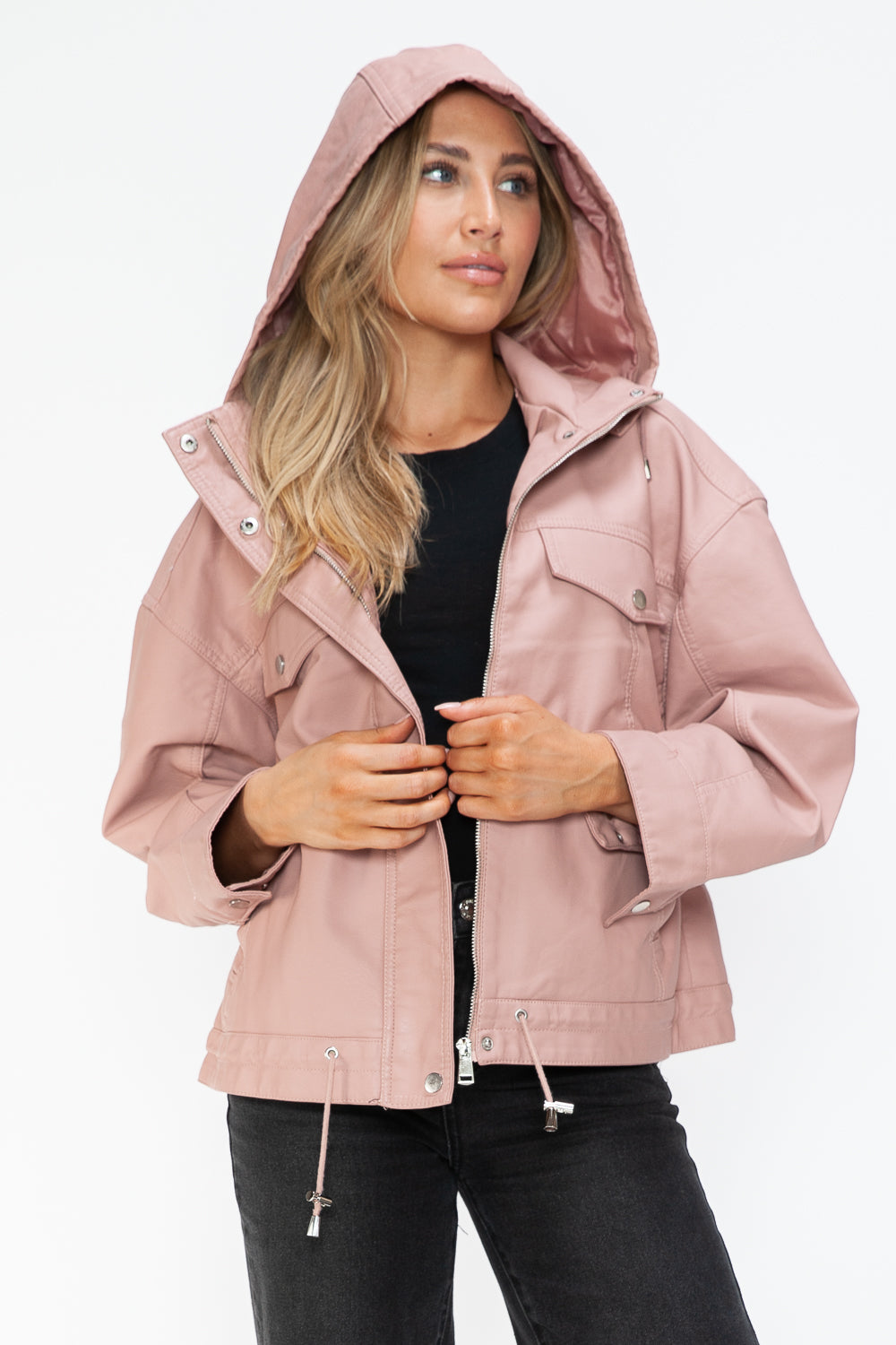 How Dare U My Favorite Layer Drawstring Hem PU Leather Zip Up Jacket in Mauve