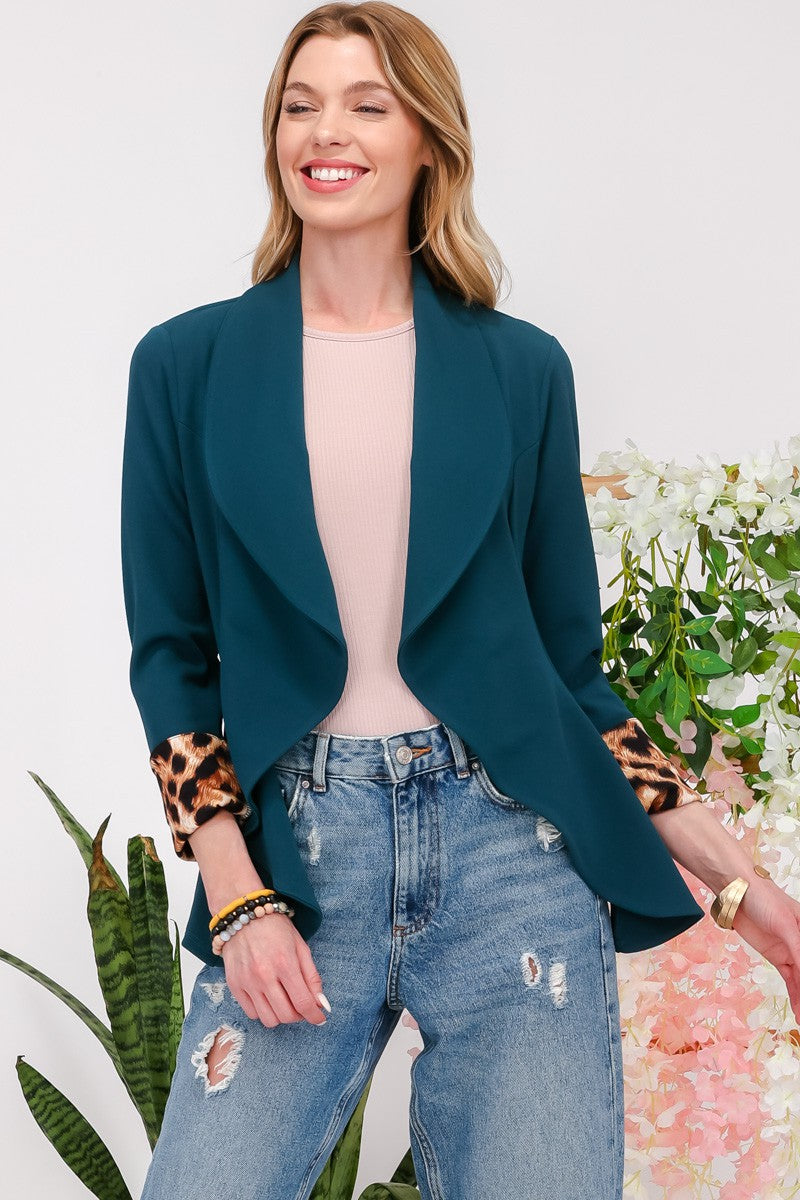 Celeste Conquer Yourself Rolled Leopard Cuff Open Front Blazer in Hunter Green