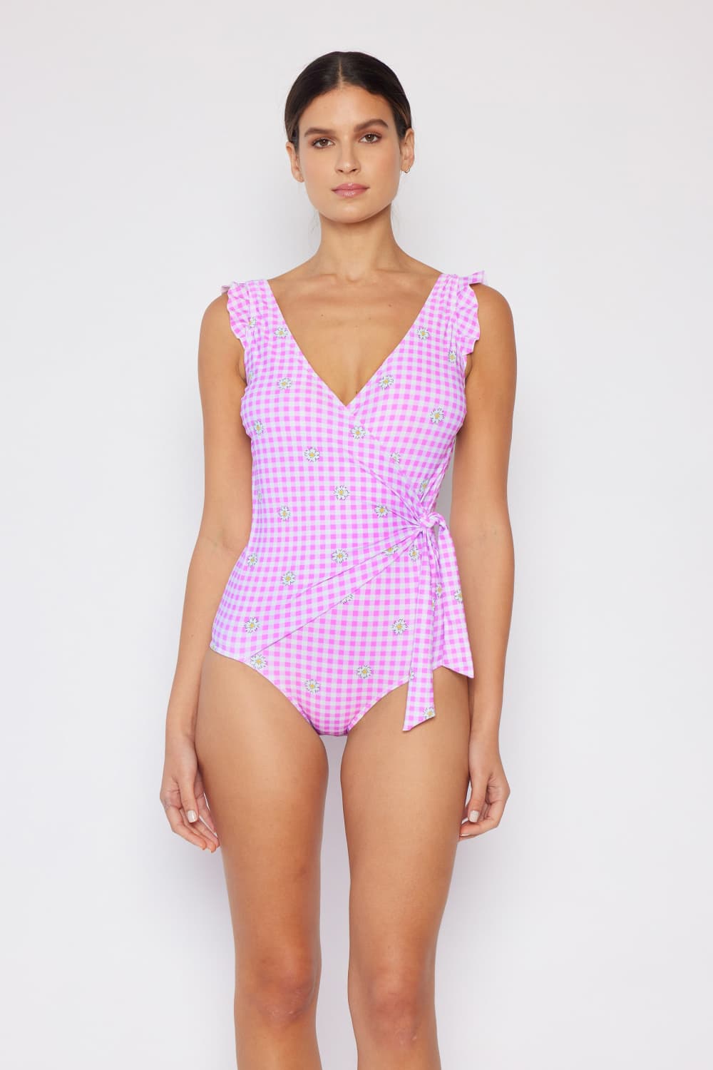 Marina West Swim Float On Ruffle Faux Wrap One-Piece in Carnation Pink