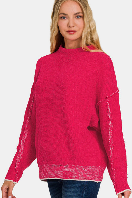 Zenana Give Me Adventures Exposed Seam Mock Neck Long Sleeve Sweater in Viva Magenta