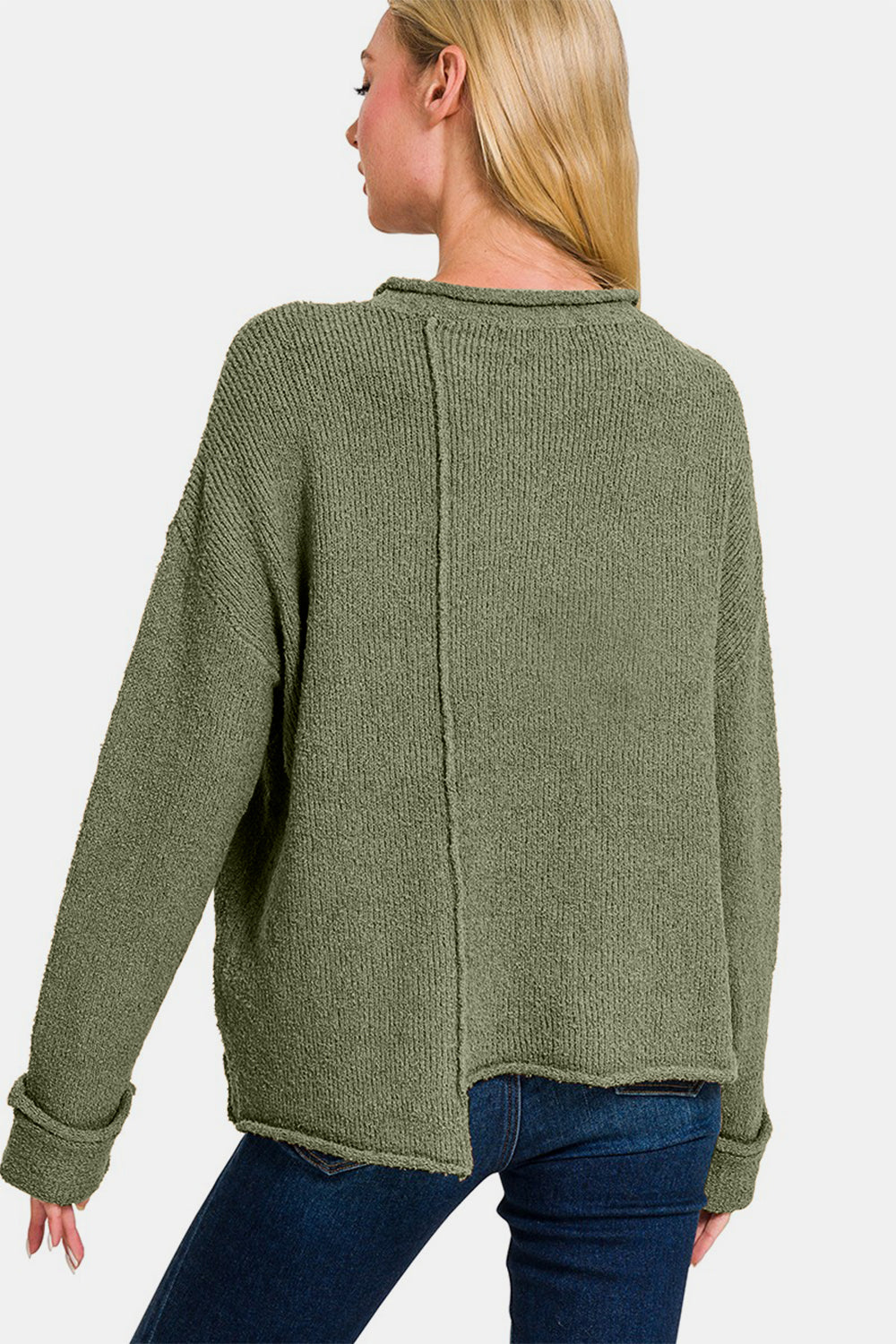 Zenana Wild Wonderland Asymmetric Hem Drop Shoulder Sweater in Light Olive