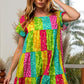 BiBi Neon Leopard Short Sleeve Tiered Mini Dress