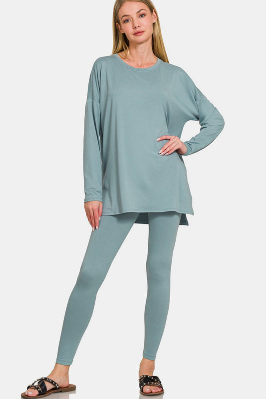 Zenana Lazy Days Brushed Microfiber Top and Leggings Lounge Set in Blue Grey