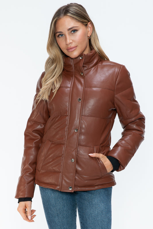 YMI Cozy Perfection Pocketed Zip Up Turtleneck Puffer Jacket in Brandy