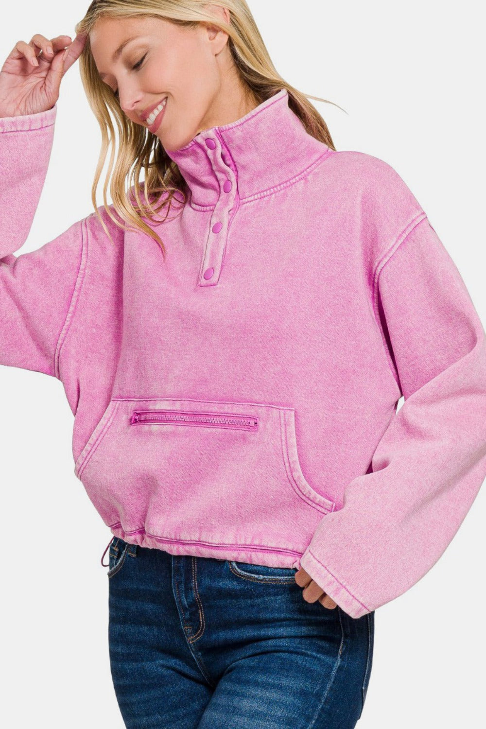 Zenana Cozy In The Cabin Acid Wash Fleece Half Snap Sweatshirt with Pocket in Mauve