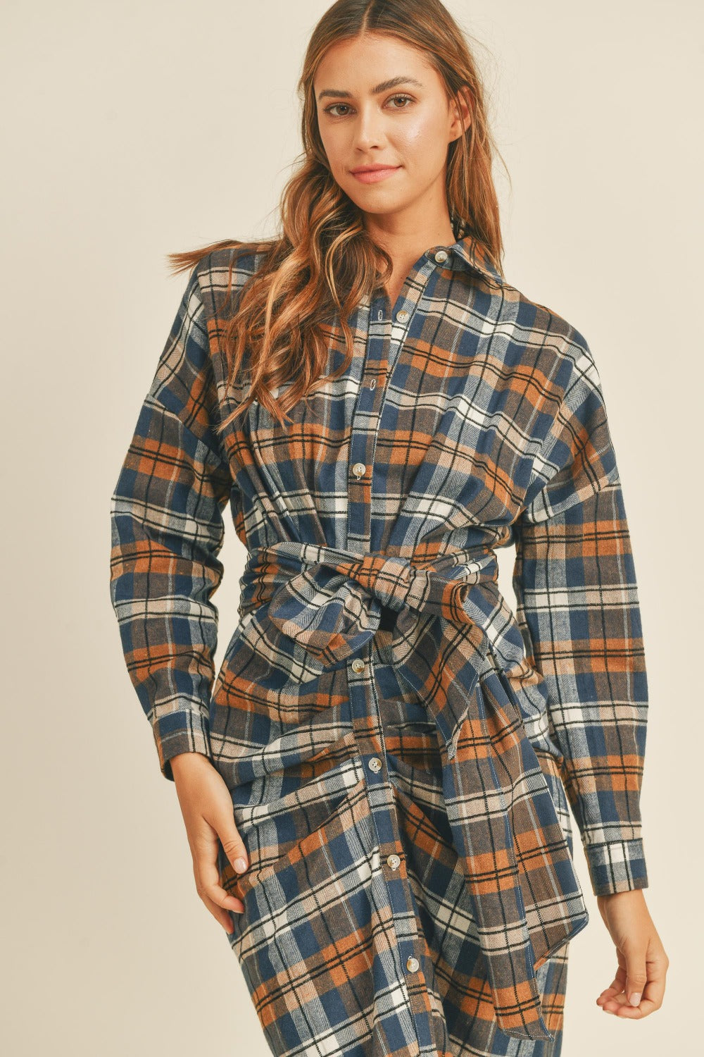 Mable Timeless in Plaid Flannel Front Tie Button Down Shirt Dress
