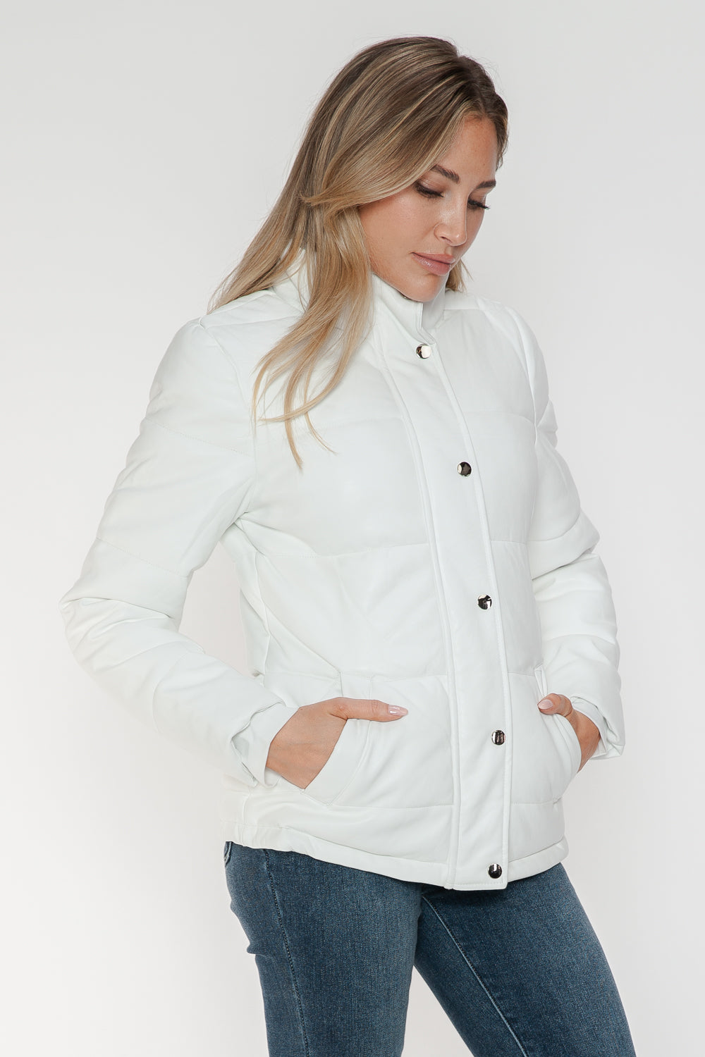 YMI Cozy Perfection Pocketed Zip Up Turtleneck Puffer Jacket in White