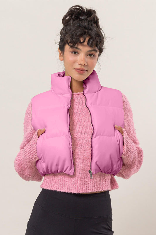 HYFVE Puff It Up Leather Zip Up Cropped Puffer Vest in Rose Pink