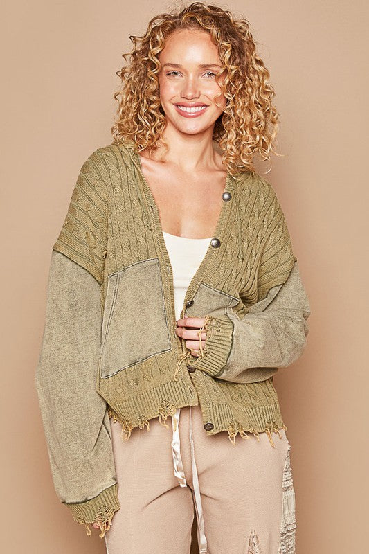 POL Distressed Not Stressed Distressed Hem Button Up Hooded Cardigan