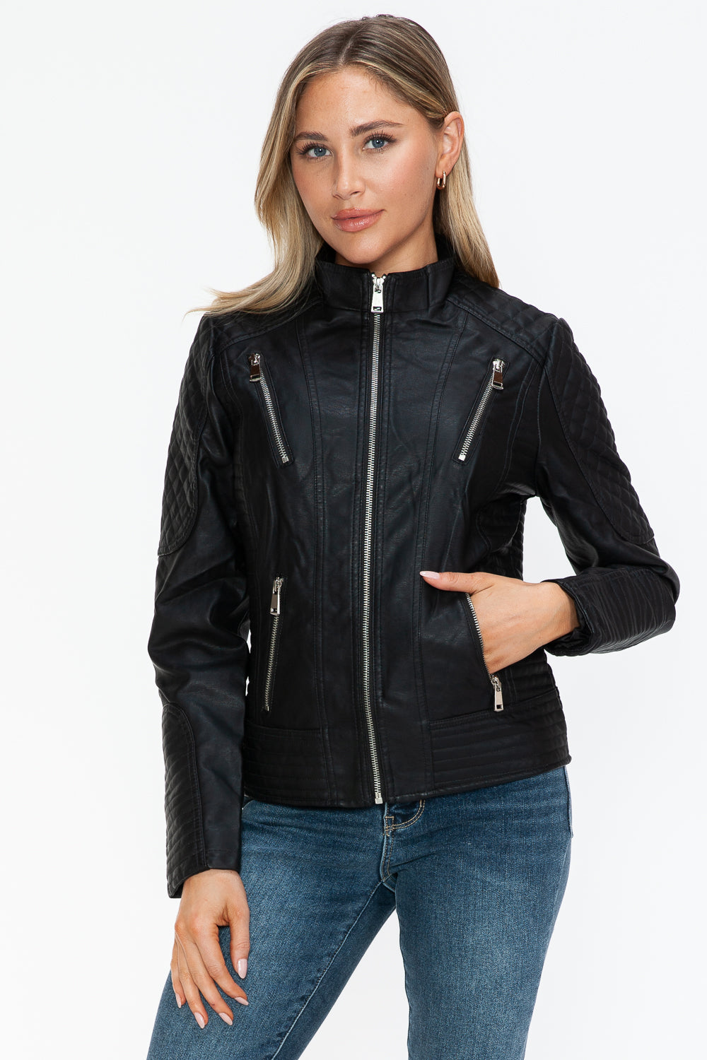 Snobbish Ready To Own The Night Faux Leather Zip Up Mock Neck Jacket in Black