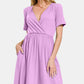 Zenana On The Right Track Surplice Short Sleeve Brushed DTY Dress in Pink Purple