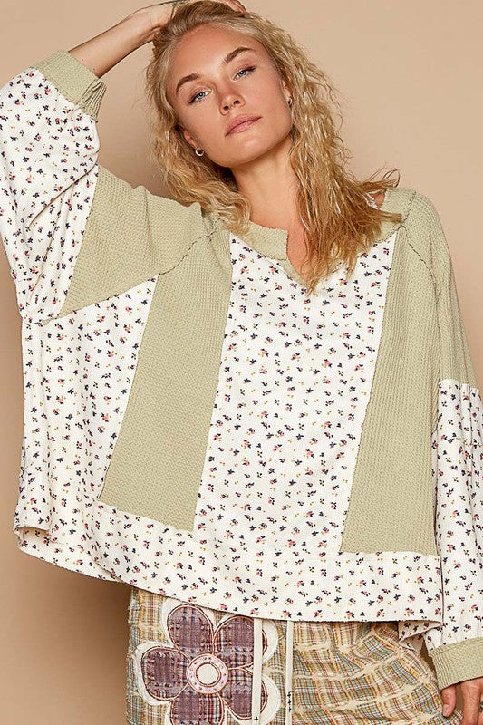 POL A Touch of Sunshine Waffle Knit Floral Notched Neck Long Sleeve Top in Sage