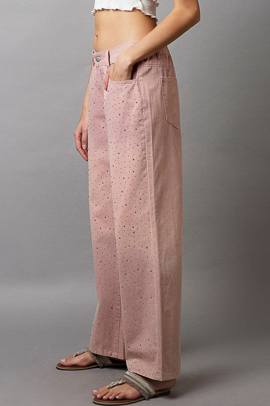 POL Autumn Embellishments Gradient Wide Leg Pants in Dusty Pink