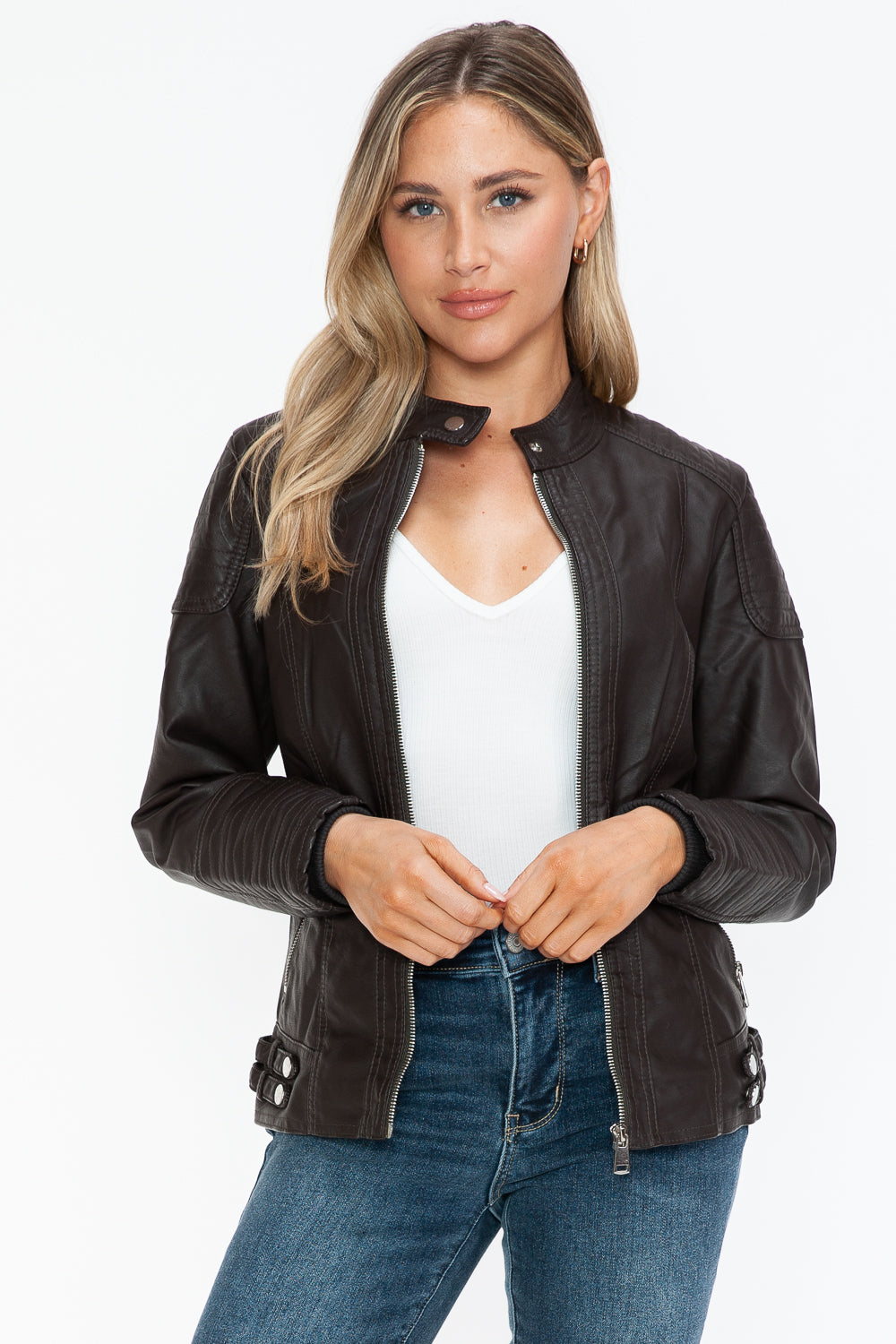 Snobbish A Wild Ride Faux Leather Biker Jacket with Side Zip Pockets in Chocolate