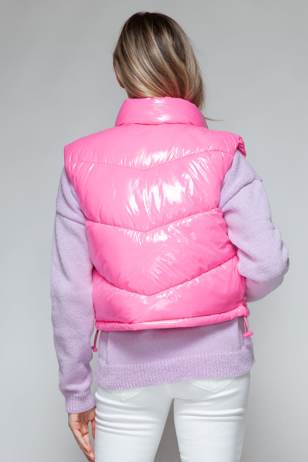 Snobbish A Quilted Touch Zip Up Turtleneck Shiny Quilted Vest in Hot Pink
