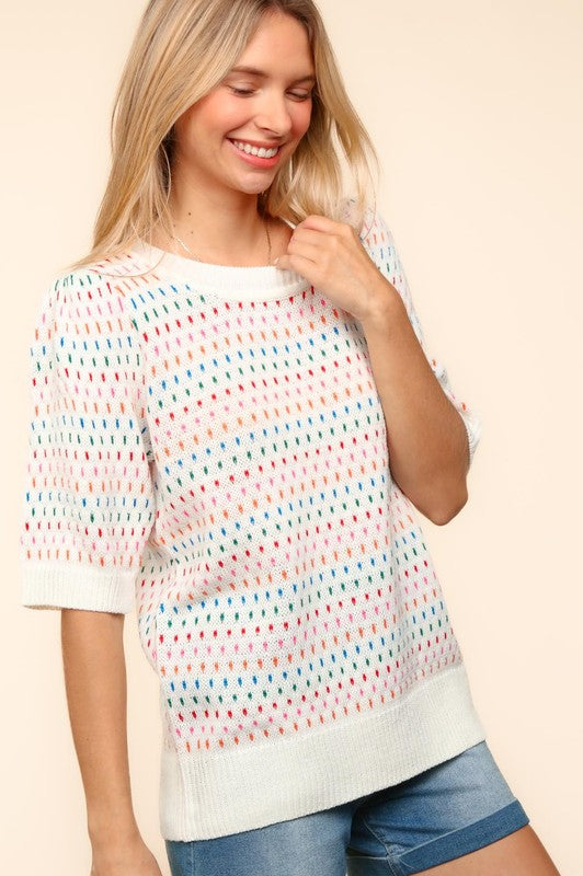 Haptics Vibrant Beauty Half Sleeve Multi Color Knit Top