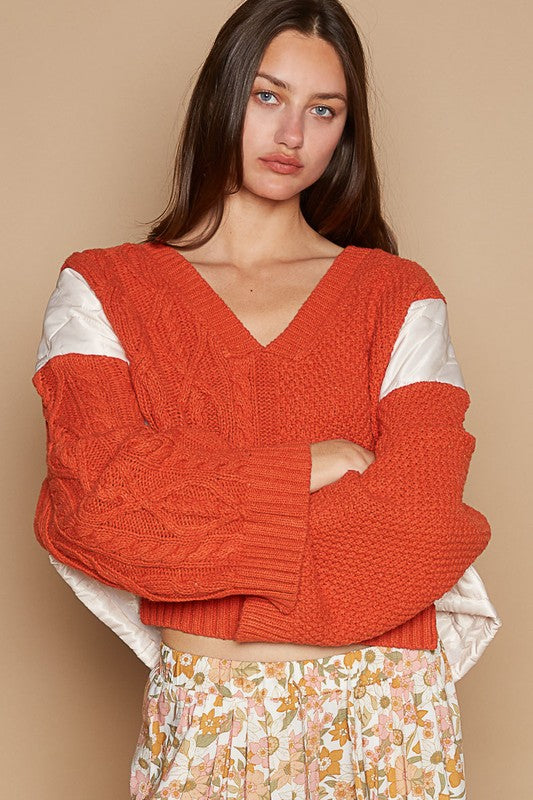POL Quilted Joy Cable Knit Quilting Patch V-Neck Contrast Sweater in Orange