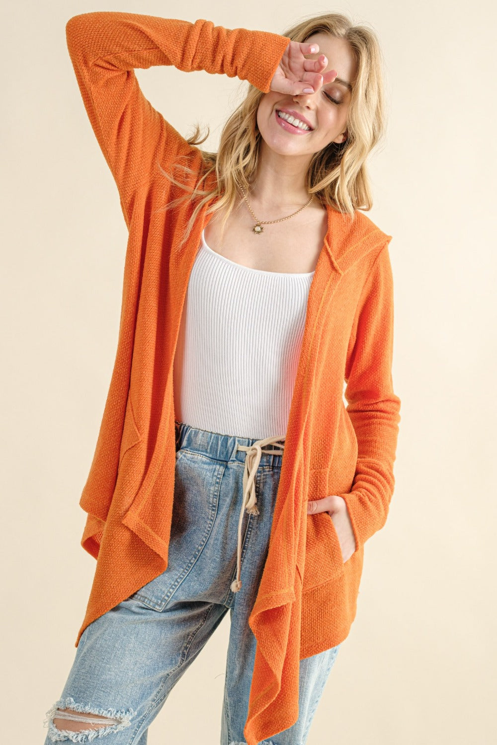 And The Why Take It Next Level Thermal Hooded Open Front Cardigan with Pockets in Dusty Coral