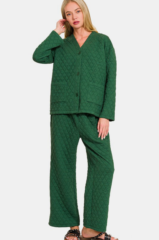 Zenana Quilted Comfort Button Up Long Sleeve Top and Pants Lounge Set in Dark Green