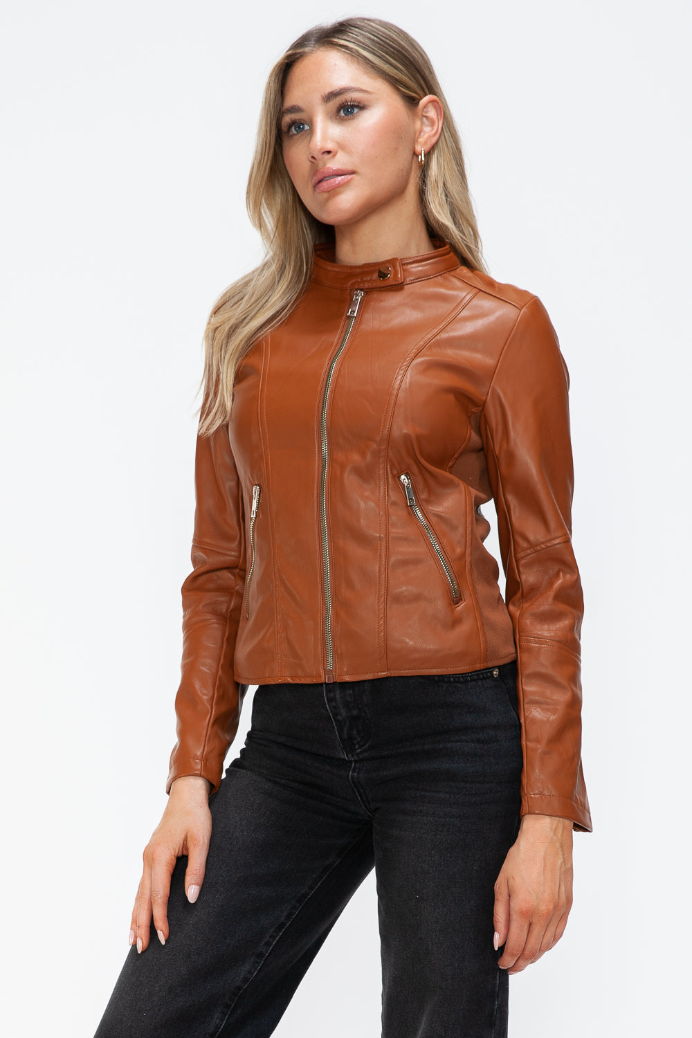 Snobbish Embrace The Day Faux Leather Zip Up Drawstring Hooded Jacket in Camel