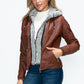 YMI Fuzzy Feels Faux Layered Double-Zipper Jacket with Fuzzy Hood in Brandy