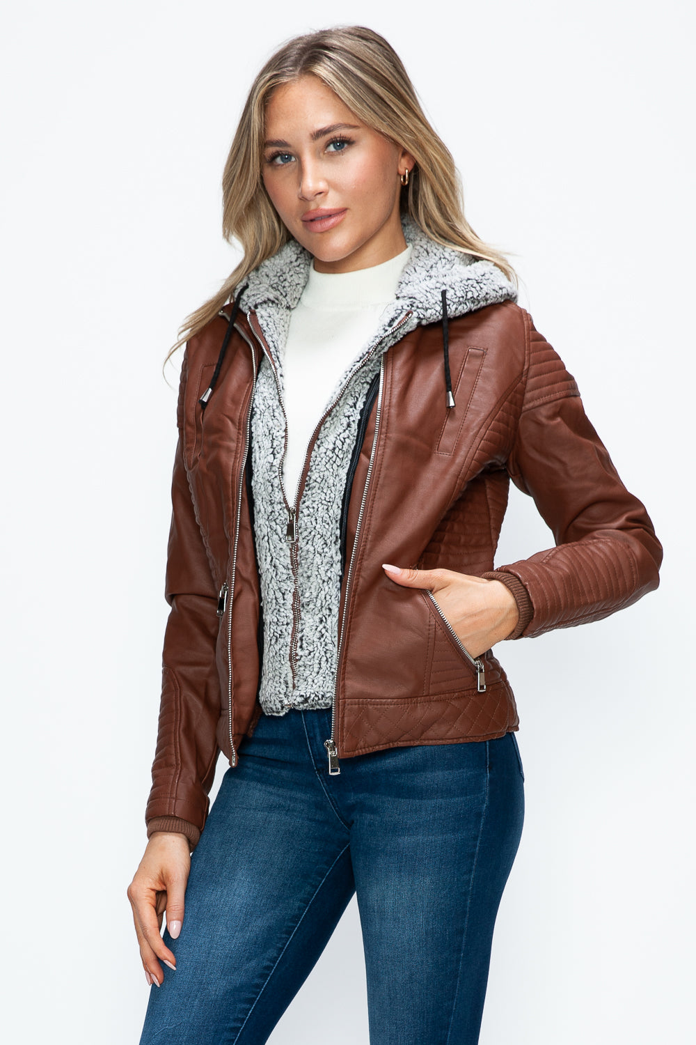 YMI Fuzzy Feels Faux Layered Double-Zipper Jacket with Fuzzy Hood in Brandy