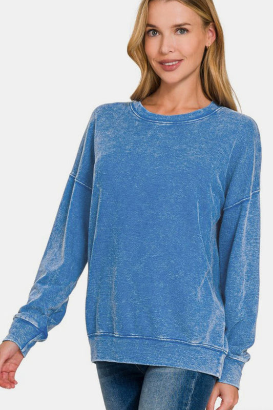 Zenana Laid Back Vibes Washed Dropped Shoulder Sweatshirt in Blue