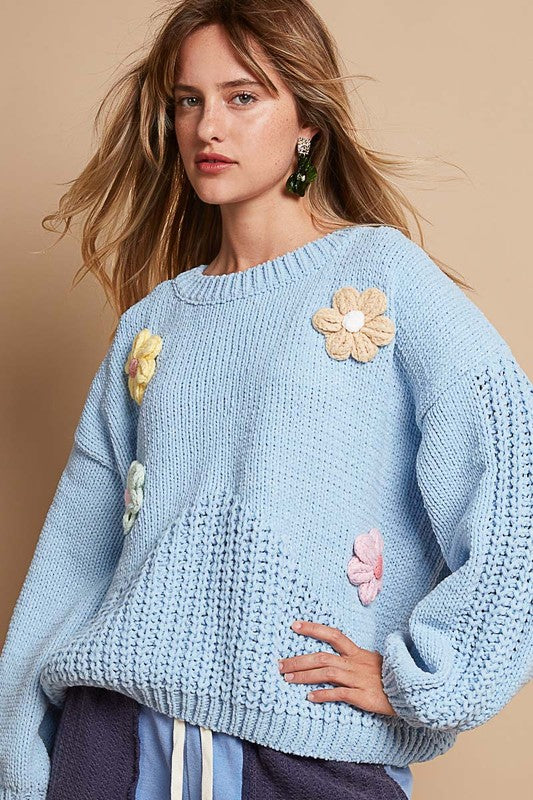 POL Capture The Heart Crochet Flower Dropped Shoulder Sweater in Light Blue