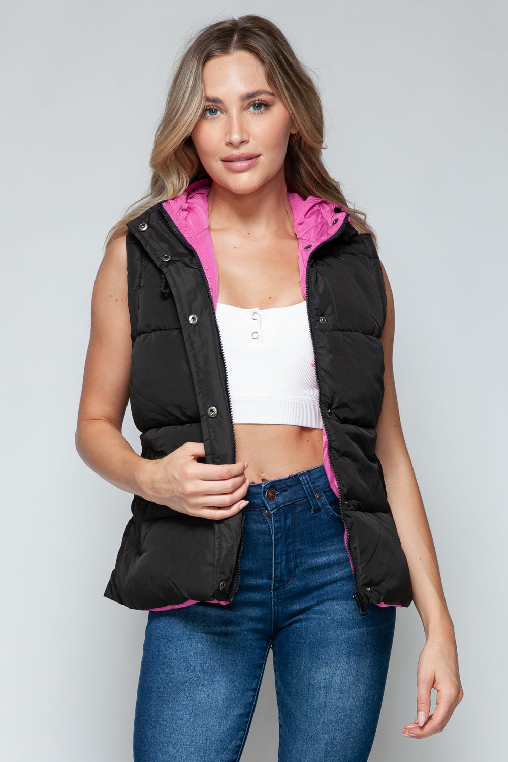 Snobbish Cute and Cozy Snap and Zip Closure Hooded Vest in Black/ Rose Violet