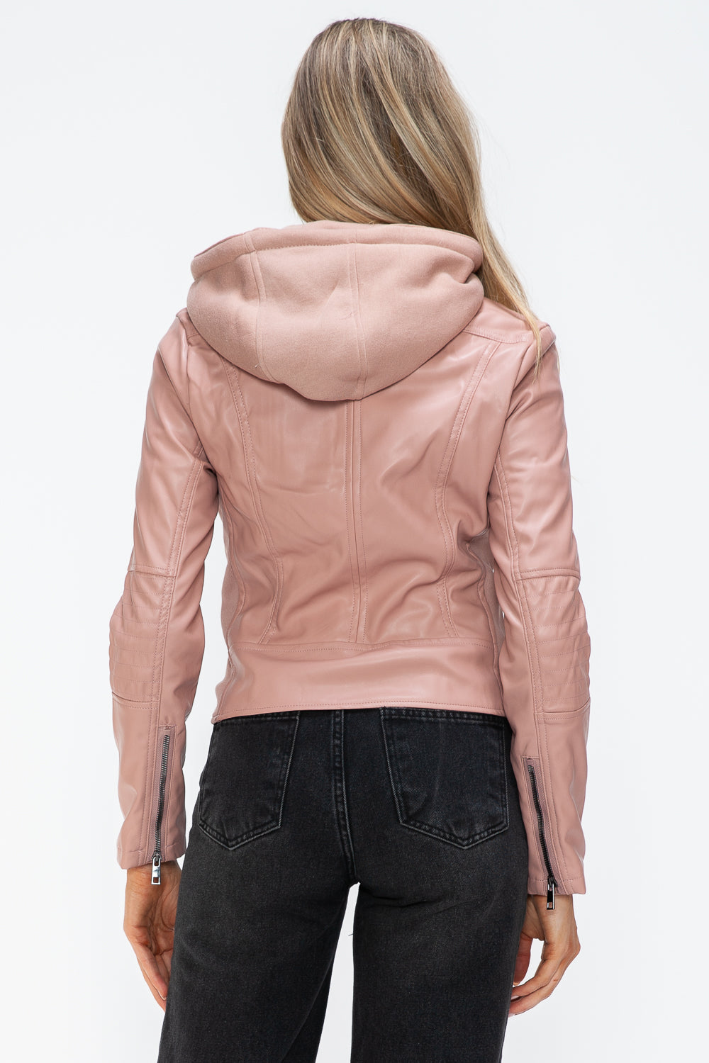 Snobbish Embrace The Day Faux Leather Zip Up Drawstring Hooded Jacket in Mauve