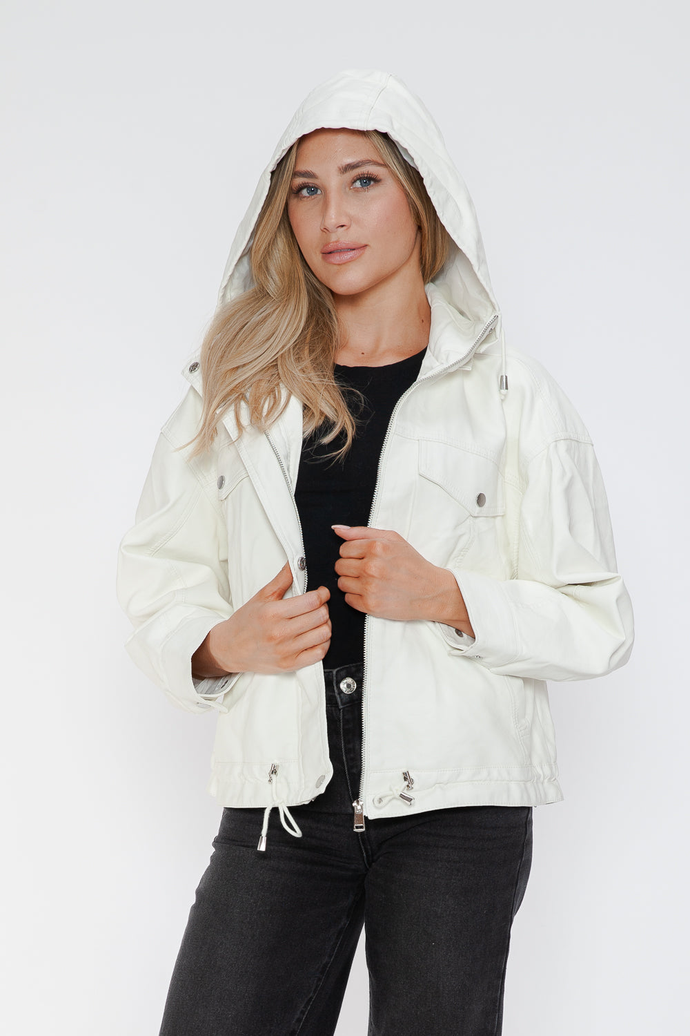 How Dare U My Favorite Layer Drawstring Hem PU Leather Zip Up Jacket in White