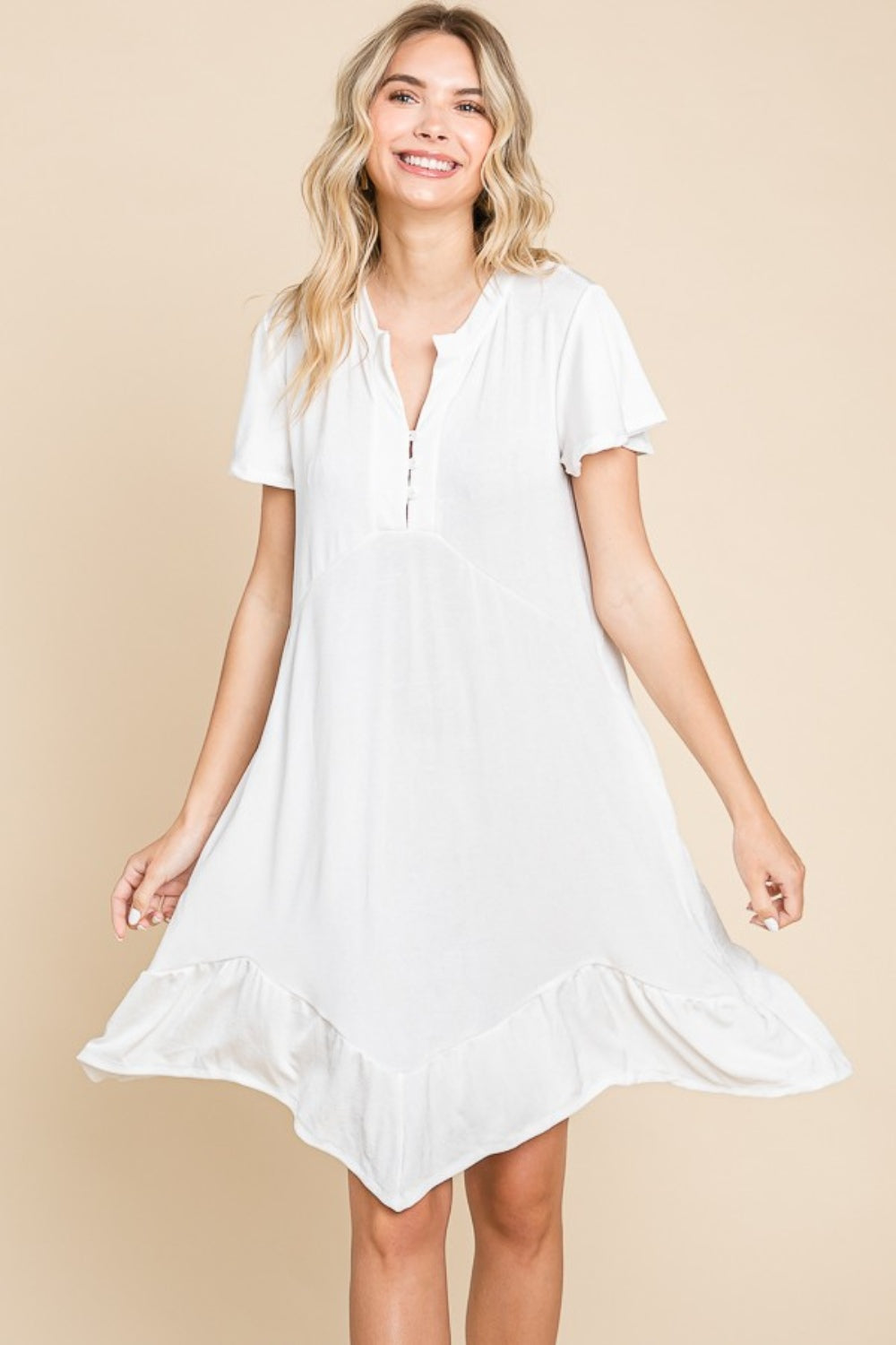 Culture Code Saving You Time Short Sleeve Ruffled Asymmetric Hem Dress in Soft White