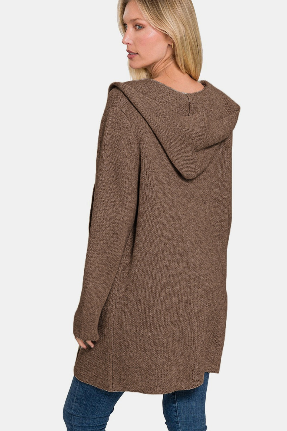 Zenana My Way Hooded Open Front Sweater Cardigan in Brown