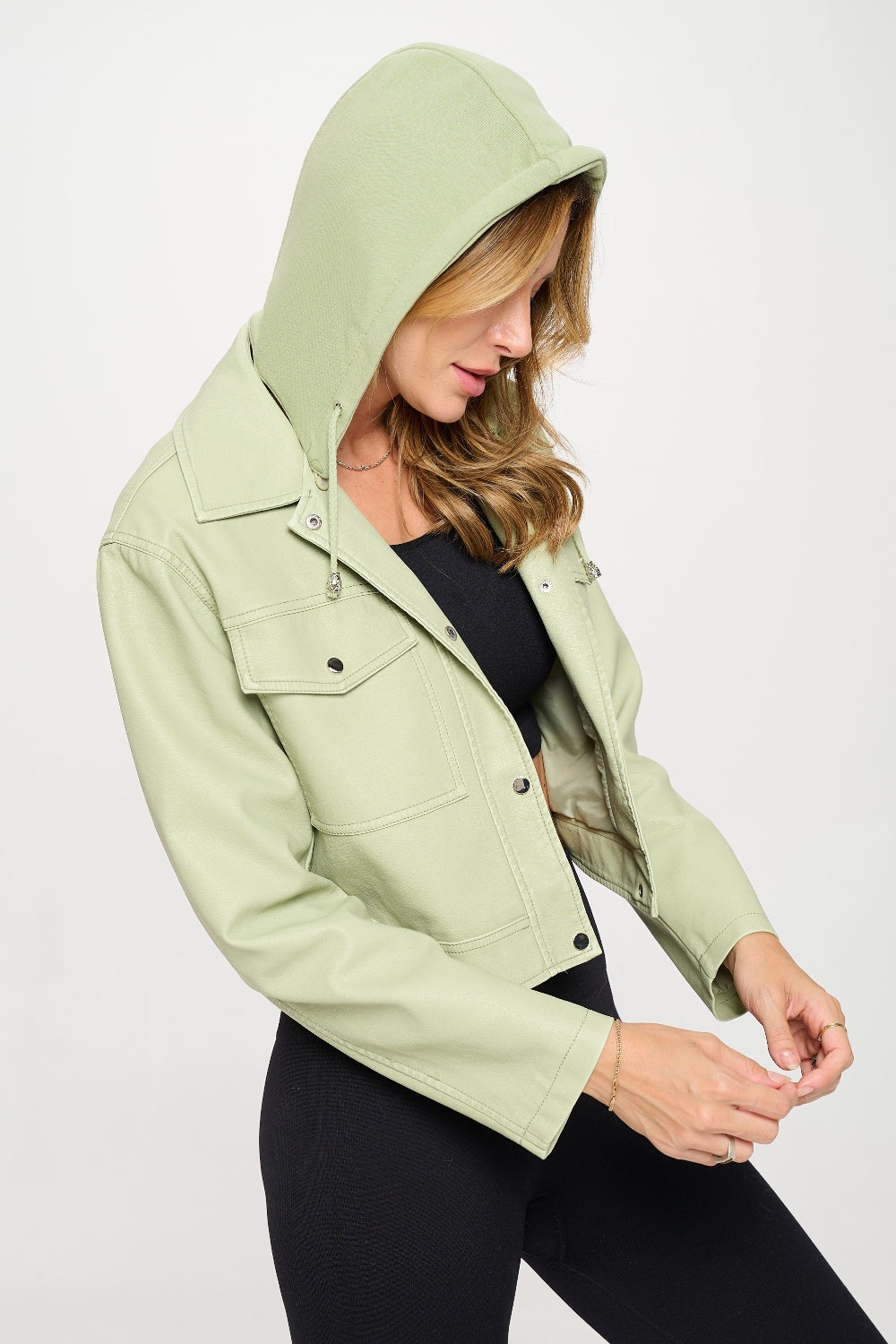 Coalition LA Vision Is Everything Snap Down Cropped Hooded Jacket in Mint