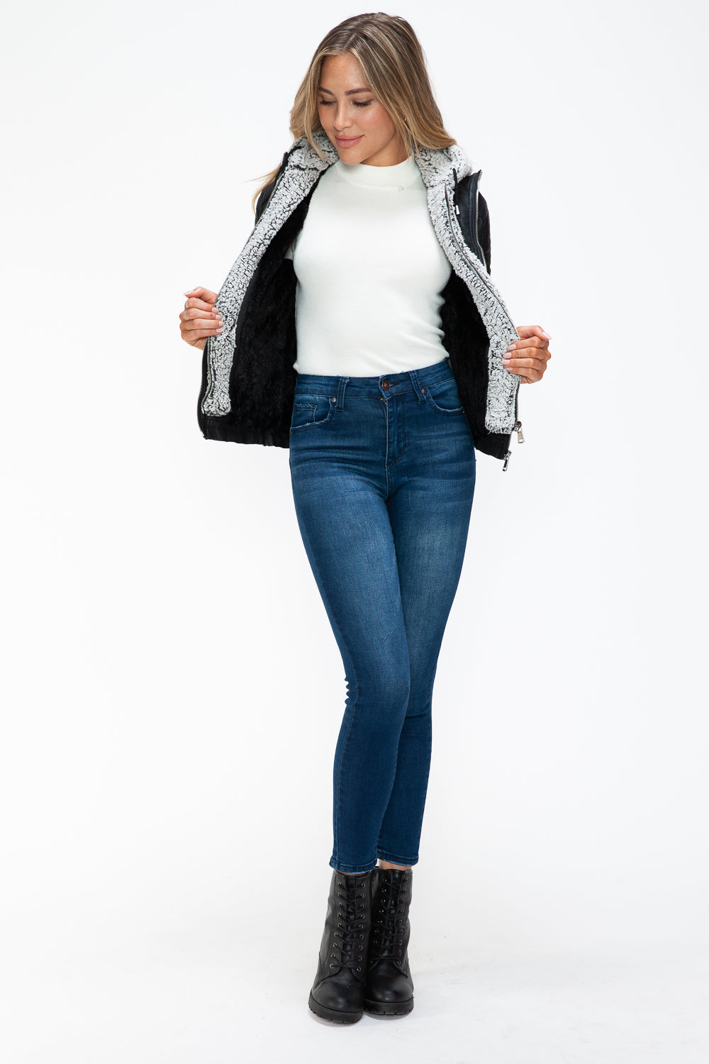 YMI Hooded and Happy Removable Faux Layered Multi-Pocket Jacket with Fuzzy Hood in Black