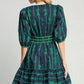 Umgee When Life Gives You Ribbons Print Frill Contrast Velvet Trim Half Sleeve Dress in Navy