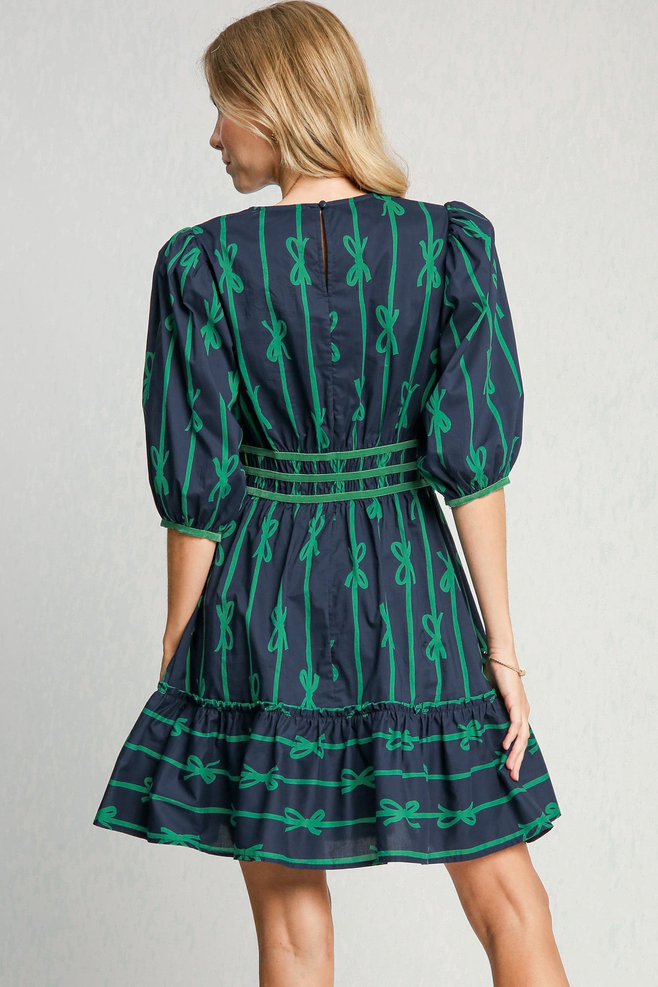 Umgee When Life Gives You Ribbons Print Frill Contrast Velvet Trim Half Sleeve Dress in Navy