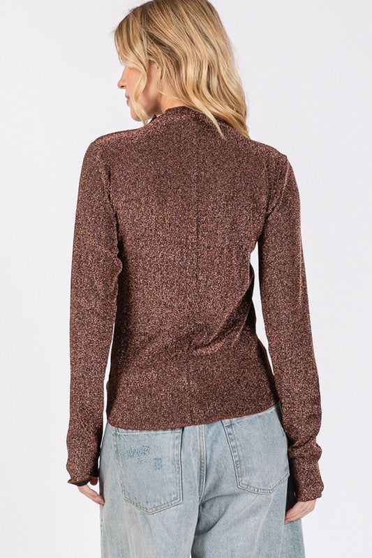 SAGE + FIG Add More Sparkle Glitter Mock Neck Lettuce Hem Long Sleeve Top in Brown