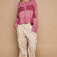 POL Block Party Half Button Color Block Drop Shoulder Knit Top in Cerise