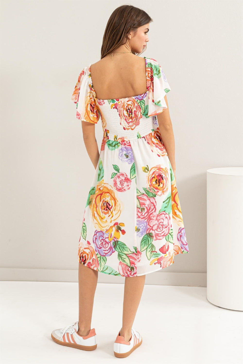 HYFVE Rosé All Day Floral Flutter Sleeve Smocked Dress