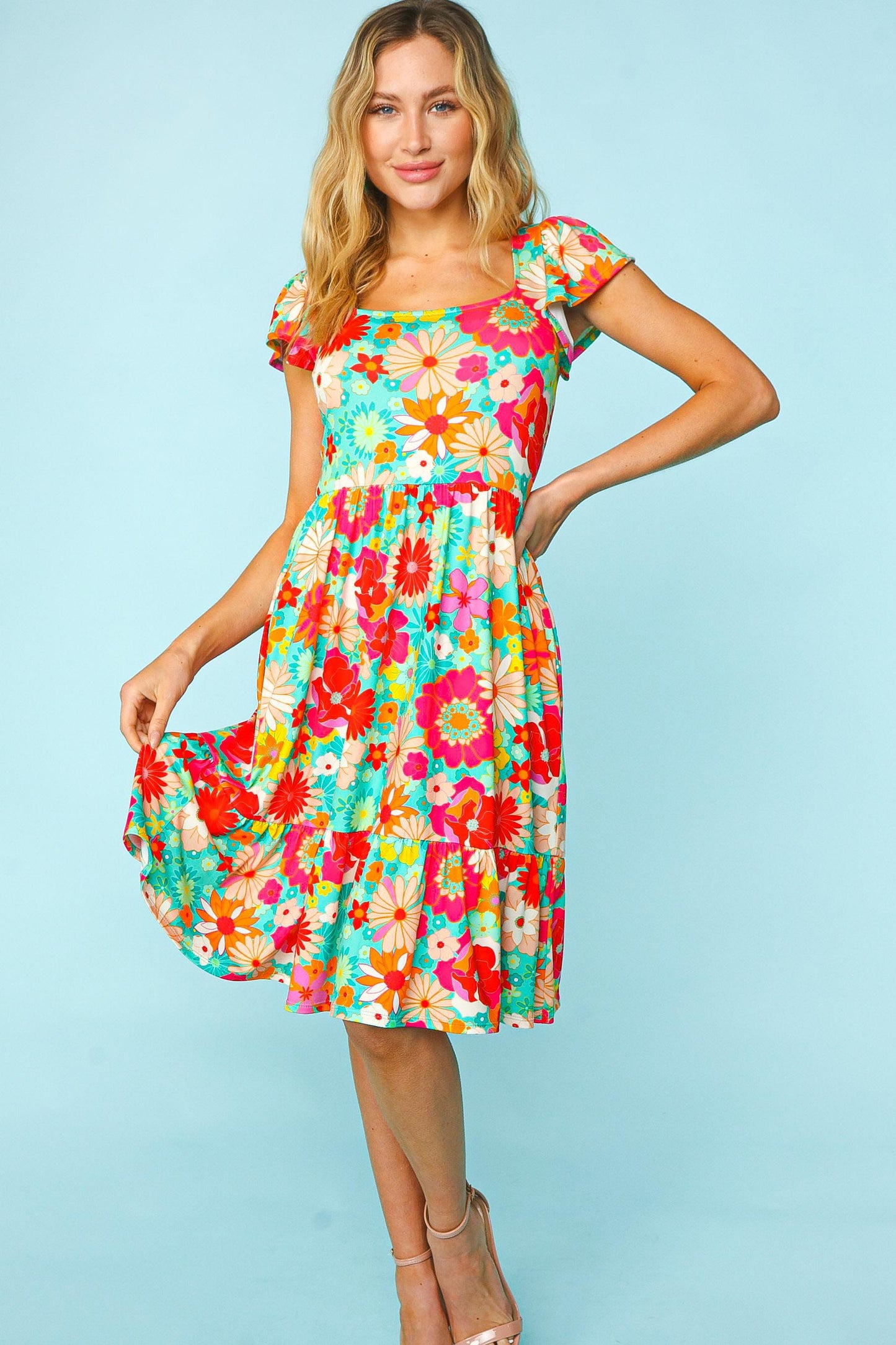 Haptics Minty Fresh Floral Square Neck Short Sleeve Dress with Pockets