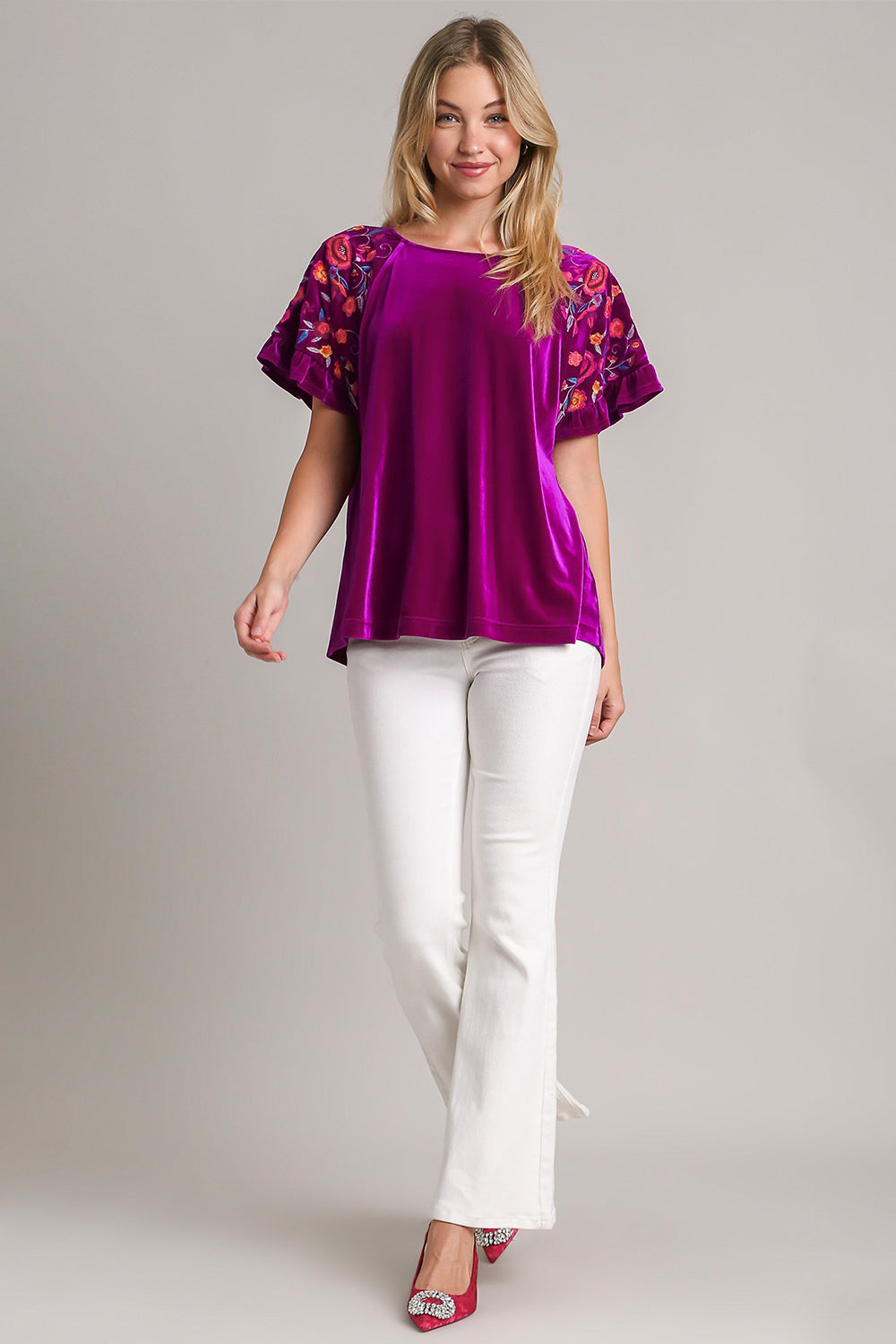 Umgee Tells A Story Velvet Embroidery Short Sleeve Blouse in Violet