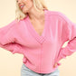VERY J Knit Happens Exposed Seam V-Neck Ribbed Knit Top in Pink