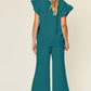 Double Take Butterfly Kisses Texture Ruffle Short Sleeve Top and Drawstring Wide Leg Pants Set