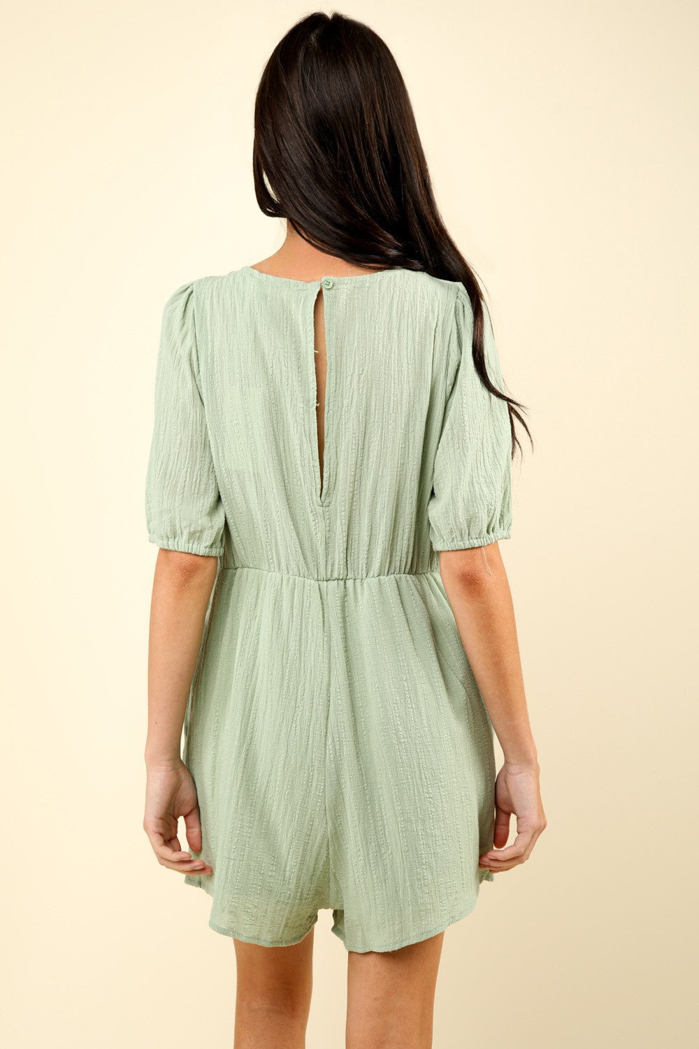 VERY J Date Night Lace Detail Puff Sleeve Romper with Pockets in Sage